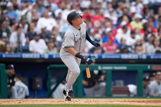 Gio Urshela of the New York Yankees bats against the Philadelphia Phillies at Citizens Bank Park on June 13, 2021 in Philadelphia, Pennsylvania. The...