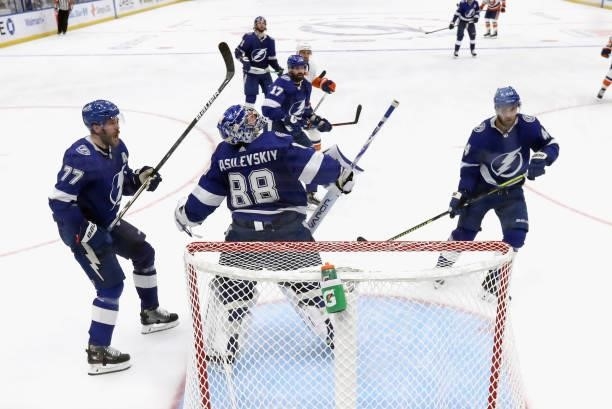 Andrei Vasilevskiy and the Tampa Bay Lightning defend the net against the New York Islanders in Game One of the Stanley Cup Semifinals during the...