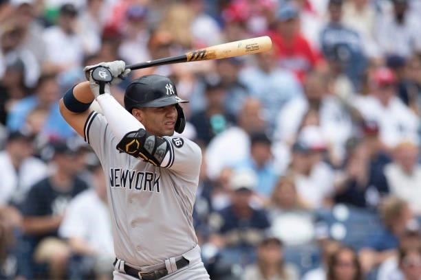 Gleyber Torres of the New York Yankees bats against the Philadelphia Phillies at Citizens Bank Park on June 13, 2021 in Philadelphia, Pennsylvania....
