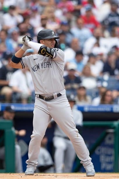 Gleyber Torres of the New York Yankees bats against the Philadelphia Phillies at Citizens Bank Park on June 13, 2021 in Philadelphia, Pennsylvania....