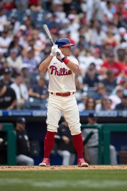 Realmuto of the Philadelphia Phillies bats against the New York Yankees at Citizens Bank Park on June 13, 2021 in Philadelphia, Pennsylvania. The...