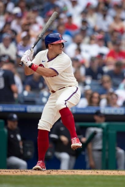 Realmuto of the Philadelphia Phillies bats against the New York Yankees at Citizens Bank Park on June 13, 2021 in Philadelphia, Pennsylvania. The...