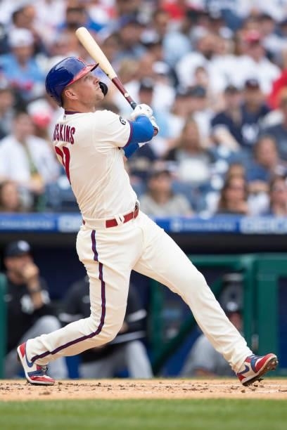 Rhys Hoskins of the Philadelphia Phillies bats against the New York Yankees at Citizens Bank Park on June 13, 2021 in Philadelphia, Pennsylvania. The...