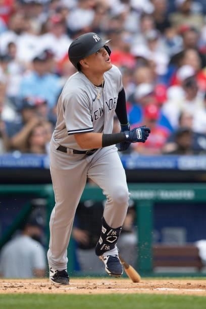 Gio Urshela of the New York Yankees bats against the Philadelphia Phillies at Citizens Bank Park on June 13, 2021 in Philadelphia, Pennsylvania. The...