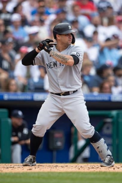 Gary Sanchez of the New York Yankees bats against the Philadelphia Phillies at Citizens Bank Park on June 13, 2021 in Philadelphia, Pennsylvania. The...