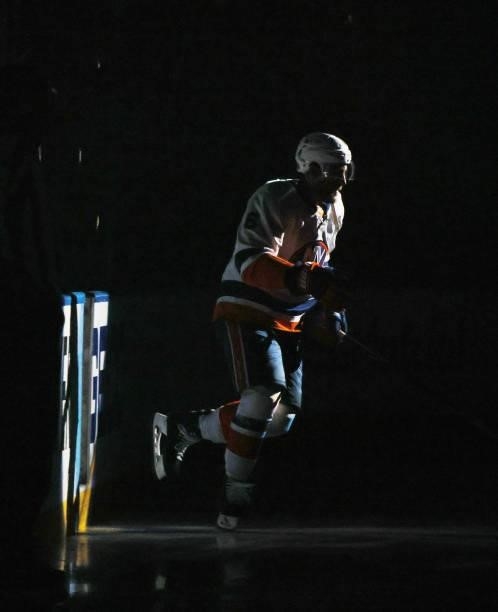Ryan Pulock of the New York Islanders skates out to play against the Tampa Bay Lightning in Game One of the Stanley Cup Semifinals during the 2021...