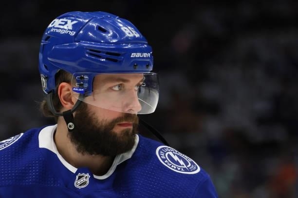 Nikita Kucherov of the Tampa Bay Lightning skates against the New York Islanders in Game One of the Stanley Cup Semifinals during the 2021 Stanley...