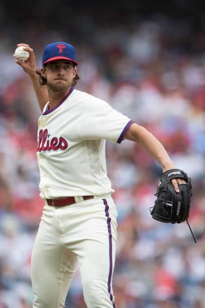Aaron Nola of the Philadelphia Phillies throws the ball to first base against the New York Yankees at Citizens Bank Park on June 13, 2021 in...