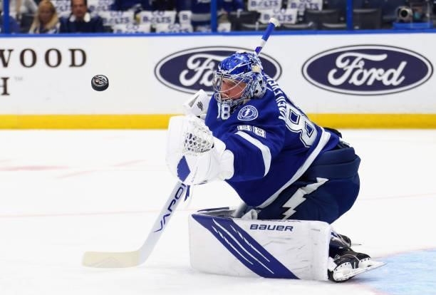 Andrei Vasilevskiy of the Tampa Bay Lightning skates in warm-ups prior to the game against the Tampa Bay Lightning in Game One of the Stanley Cup...