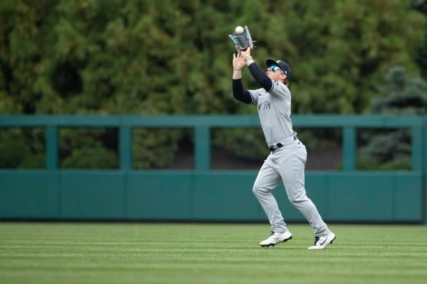Clint Frazier of the New York Yankees catches the ball against the Philadelphia Phillies at Citizens Bank Park on June 13, 2021 in Philadelphia,...