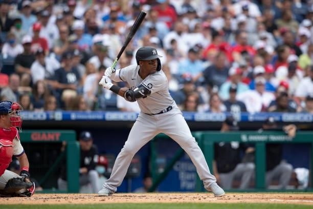 Miguel Andujar of the New York Yankees bats against the Philadelphia Phillies at Citizens Bank Park on June 13, 2021 in Philadelphia, Pennsylvania....