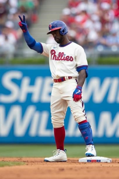 Andrew McCutchen of the Philadelphia Phillies reacts against the New York Yankees at Citizens Bank Park on June 13, 2021 in Philadelphia,...