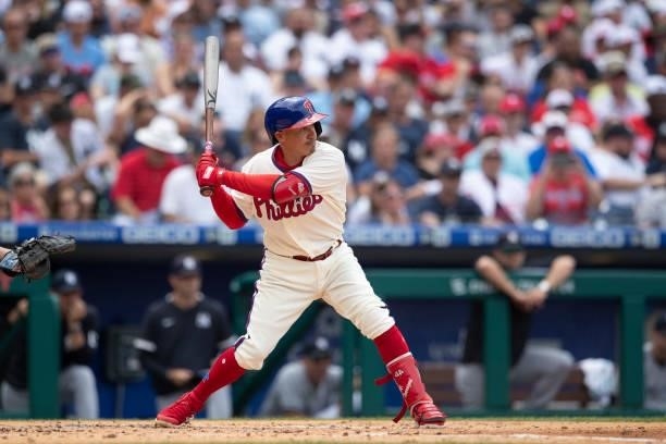 Ronald Torreyes of the Philadelphia Phillies bats against the New York Yankees at Citizens Bank Park on June 13, 2021 in Philadelphia, Pennsylvania....