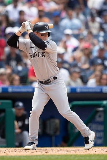 Clint Frazier of the New York Yankees bats against the Philadelphia Phillies at Citizens Bank Park on June 13, 2021 in Philadelphia, Pennsylvania....