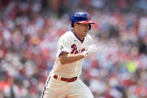 Realmuto of the Philadelphia Phillies runs to first base against the New York Yankees at Citizens Bank Park on June 13, 2021 in Philadelphia,...