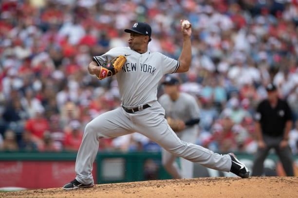 Wandy Peralta of the New York Yankees throws a pitch against the Philadelphia Phillies at Citizens Bank Park on June 13, 2021 in Philadelphia,...