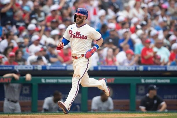 Bryce Harper of the Philadelphia Phillies scores a run against the New York Yankees at Citizens Bank Park on June 13, 2021 in Philadelphia,...