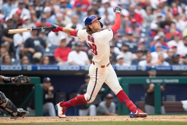 Alec Bohm of the Philadelphia Phillies bats against the New York Yankees at Citizens Bank Park on June 13, 2021 in Philadelphia, Pennsylvania. The...