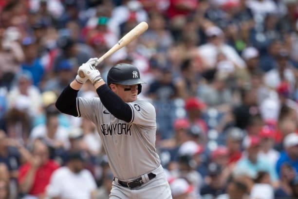 Clint Frazier of the New York Yankees bats against the Philadelphia Phillies at Citizens Bank Park on June 13, 2021 in Philadelphia, Pennsylvania....