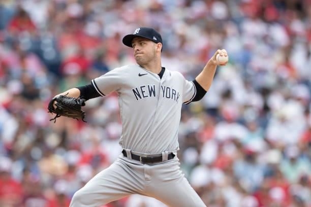 Lucas Luetge of the New York Yankees throws a pitch against the Philadelphia Phillies at Citizens Bank Park on June 13, 2021 in Philadelphia,...
