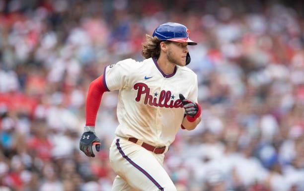Alec Bohm of the Philadelphia Phillies runs to first base against the New York Yankees at Citizens Bank Park on June 13, 2021 in Philadelphia,...