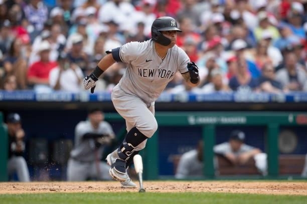 Rougned Odor of the New York Yankees bats against the Philadelphia Phillies at Citizens Bank Park on June 13, 2021 in Philadelphia, Pennsylvania. The...
