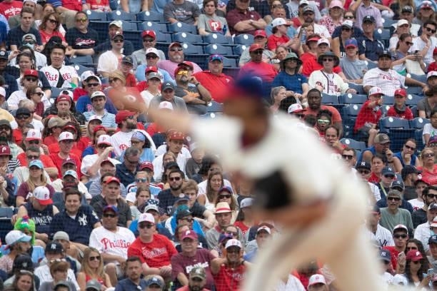 Fans watch as Aaron Nola of the Philadelphia Phillies throws a pitch against the New York Yankees at Citizens Bank Park on June 13, 2021 in...