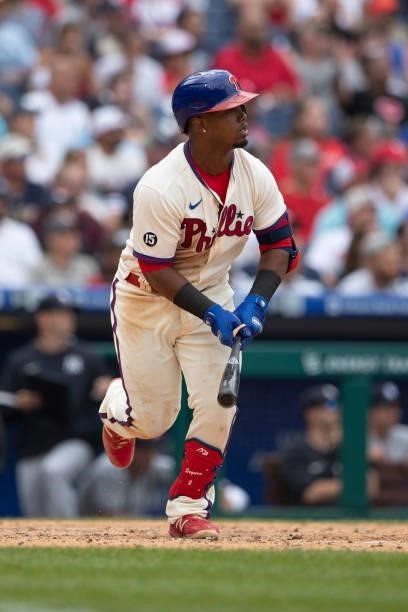 Jean Segura of the Philadelphia Phillies bats against the New York Yankees at Citizens Bank Park on June 13, 2021 in Philadelphia, Pennsylvania. The...