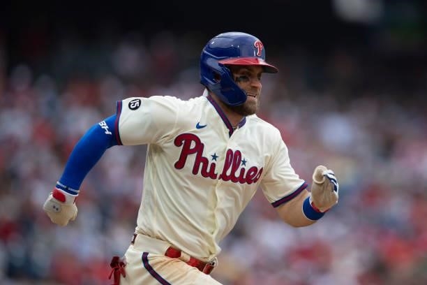 Bryce Harper of the Philadelphia Phillies runs to first base against the New York Yankees at Citizens Bank Park on June 13, 2021 in Philadelphia,...