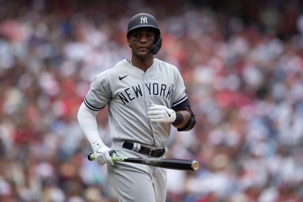 Miguel Andujar of the New York Yankees looks on against the Philadelphia Phillies at Citizens Bank Park on June 13, 2021 in Philadelphia,...