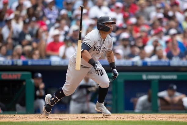 Rougned Odor of the New York Yankees bats against the Philadelphia Phillies at Citizens Bank Park on June 13, 2021 in Philadelphia, Pennsylvania. The...