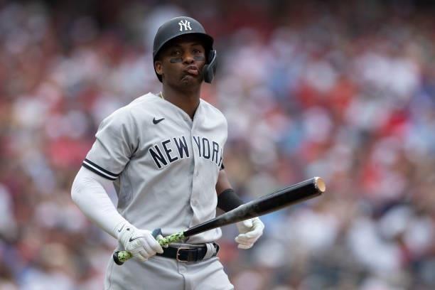 Miguel Andujar of the New York Yankees reacts against the Philadelphia Phillies at Citizens Bank Park on June 13, 2021 in Philadelphia, Pennsylvania....