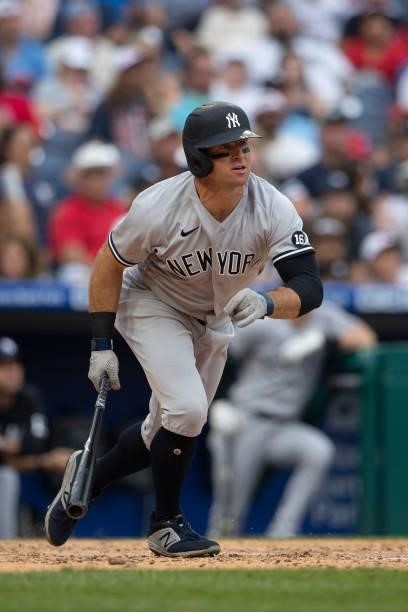 Brett Gardner of the New York Yankees bats against the Philadelphia Phillies at Citizens Bank Park on June 13, 2021 in Philadelphia, Pennsylvania....