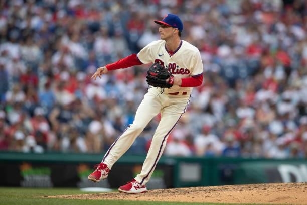 Connor Brogdon of the Philadelphia Phillies throws a pitch against the New York Yankees at Citizens Bank Park on June 13, 2021 in Philadelphia,...