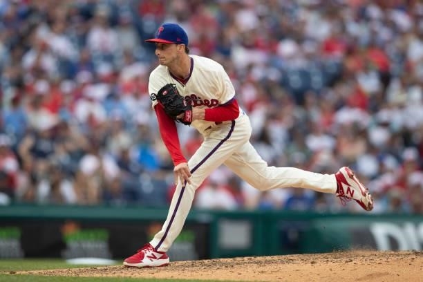 Connor Brogdon of the Philadelphia Phillies throws a pitch against the New York Yankees at Citizens Bank Park on June 13, 2021 in Philadelphia,...