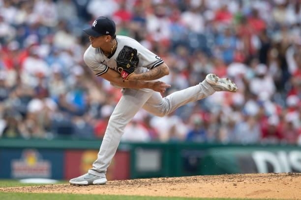 Jonathan Loaisiga of the New York Yankees throws a pitch against the Philadelphia Phillies at Citizens Bank Park on June 13, 2021 in Philadelphia,...