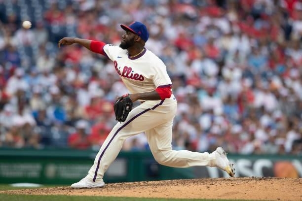 Enyel De Los Santos of the Philadelphia Phillies throws a pitch against the New York Yankees at Citizens Bank Park on June 13, 2021 in Philadelphia,...