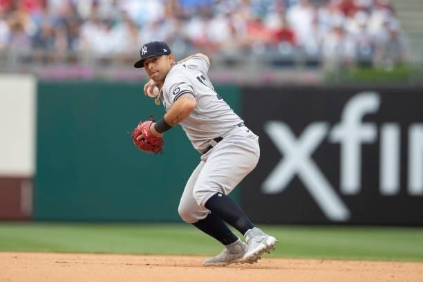 Rougned Odor of the New York Yankees throws the ball to first base against the Philadelphia Phillies at Citizens Bank Park on June 13, 2021 in...