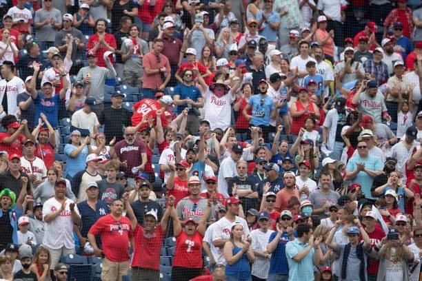 Fans react during the game between the New York Yankees and Philadelphia Phillies at Citizens Bank Park on June 13, 2021 in Philadelphia,...