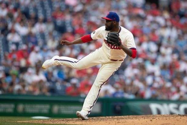 Enyel De Los Santos of the Philadelphia Phillies throws a pitch against the New York Yankees at Citizens Bank Park on June 13, 2021 in Philadelphia,...