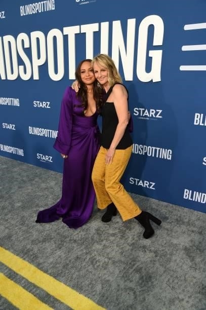 Jasmine Cephas Jones and Helen Hunt attend the Blindspotting Los Angeles Premiere at Hollywood Forever on June 13, 2021 in Hollywood, California.