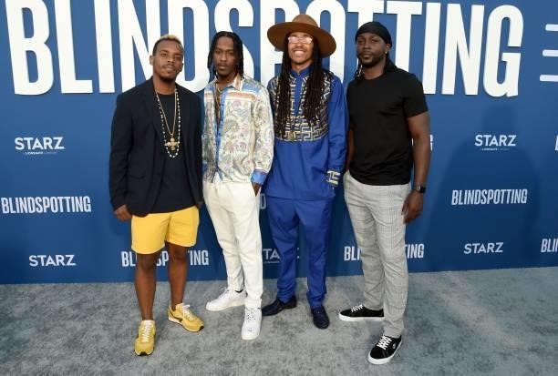 Lil Buck, Myles Yachts, Jon Boogz and Quintin Robinson attend the Blindspotting Los Angeles Premiere at Hollywood Forever on June 13, 2021 in...