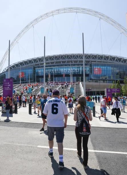 Fan wearing a Gareth Southgate football shirt makes his way to the stadium ahead of the UEFA Euro 2020 Championship Group D match between England and...