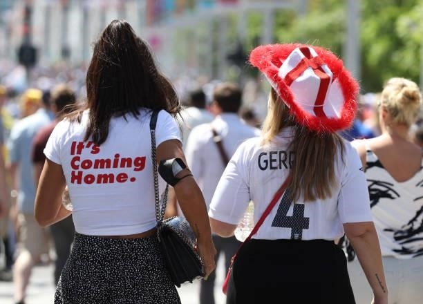 Football fan wearing a shirt saying It's coming home ahead of the UEFA Euro 2020 Championship Group D match between England and Croatia on June 13,...