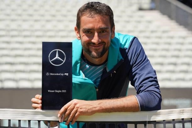 Marin Cilic of Croatia poses with trophy after winning the MercedesCup against Felix Auger-Aliassime of Canada during day 7 of the MercedesCup at...