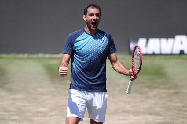 Marin Cilic of Croatia celebrates after winning the final of MercedesCup against Felix Auger-Aliassime of Canada during day 7 of the MercedesCup at...