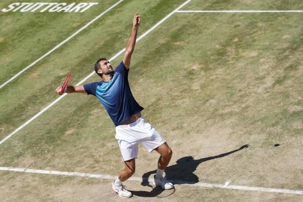 Marin Cilic of Croatia makes a service during his final match against Felix Auger-Aliassime of Canada during day 7 of the MercedesCup at Tennisclub...