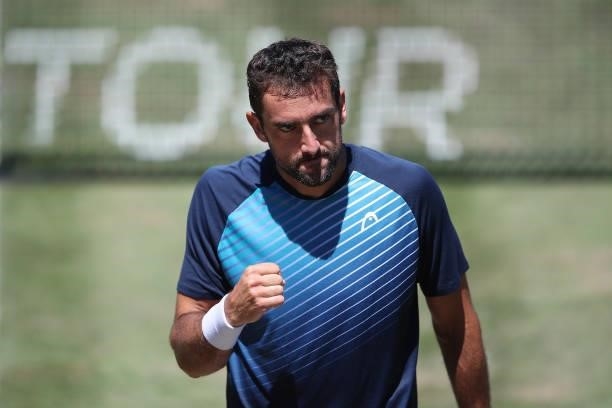 Marin Cilic of Croatia reacts during his final match against Felix Auger-Aliassime of Canada during day 7 of the MercedesCup at Tennisclub Weissenhof...
