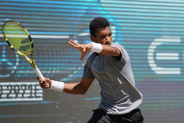 Felix Auger-Aliassime of Canada plays a forehand during his final match against Marin Cilic of Croatia during day 7 of the MercedesCup at Tennisclub...
