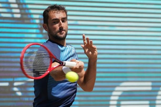 Marin Cilic of Croatia plays a forehand during his final match against Felix Auger-Aliassime of Canada during day 7 of the MercedesCup at Tennisclub...